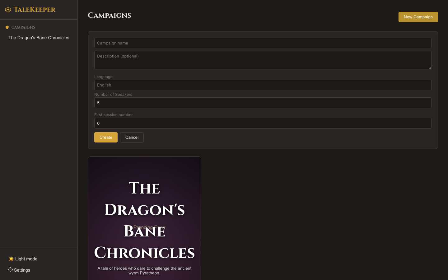 New Campaign form with name, description, language, speaker count, and first session number fields