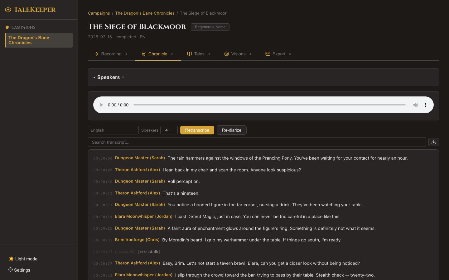 Chronicle tab with the Retranscribe and Re-diarize buttons visible above the transcript, along with language and speaker count controls