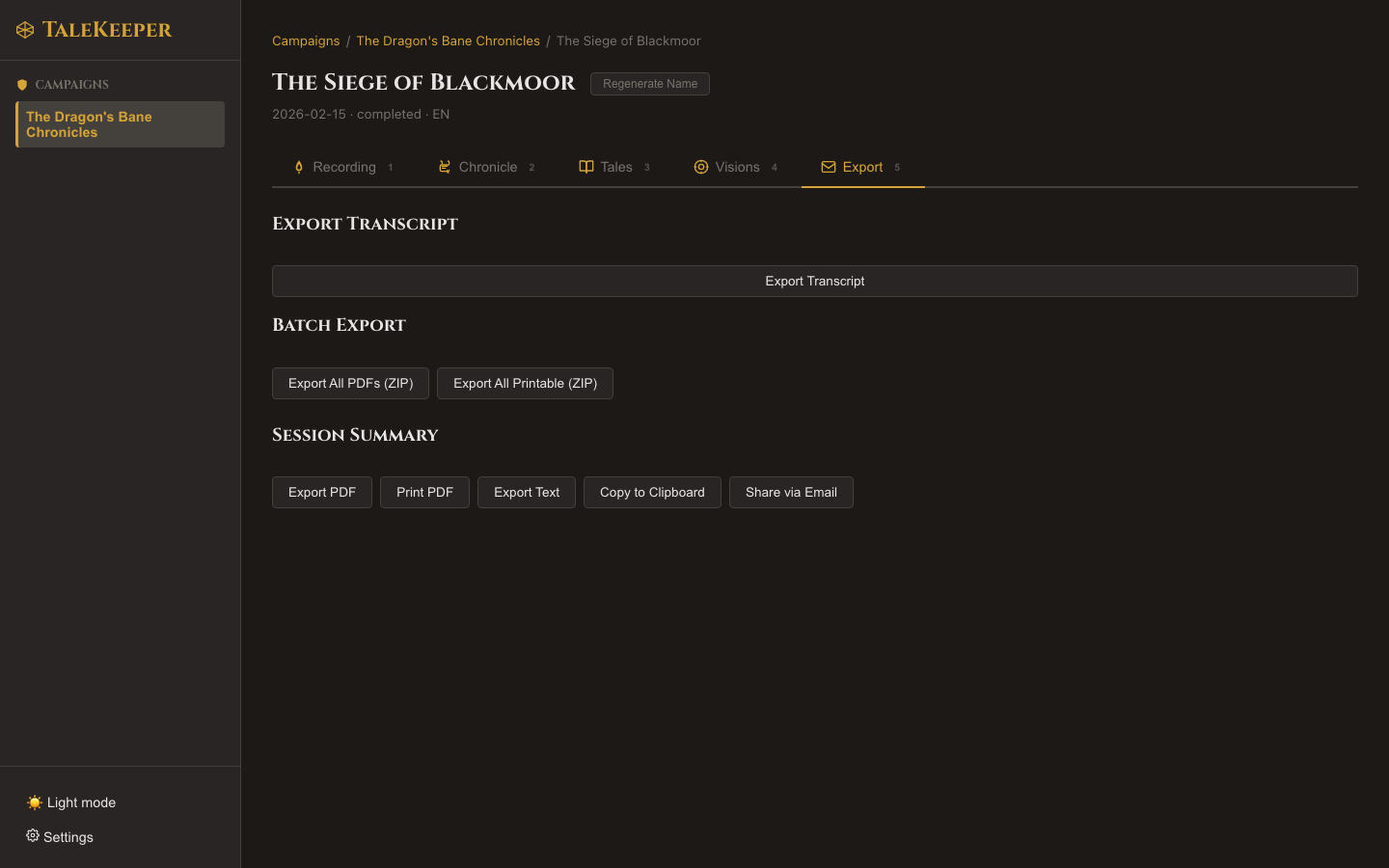 Export tab showing Export Transcript, Batch Export with ZIP options, and Session Summary section with Export PDF, Print PDF, Export Text, Copy to Clipboard, and Share via Email buttons