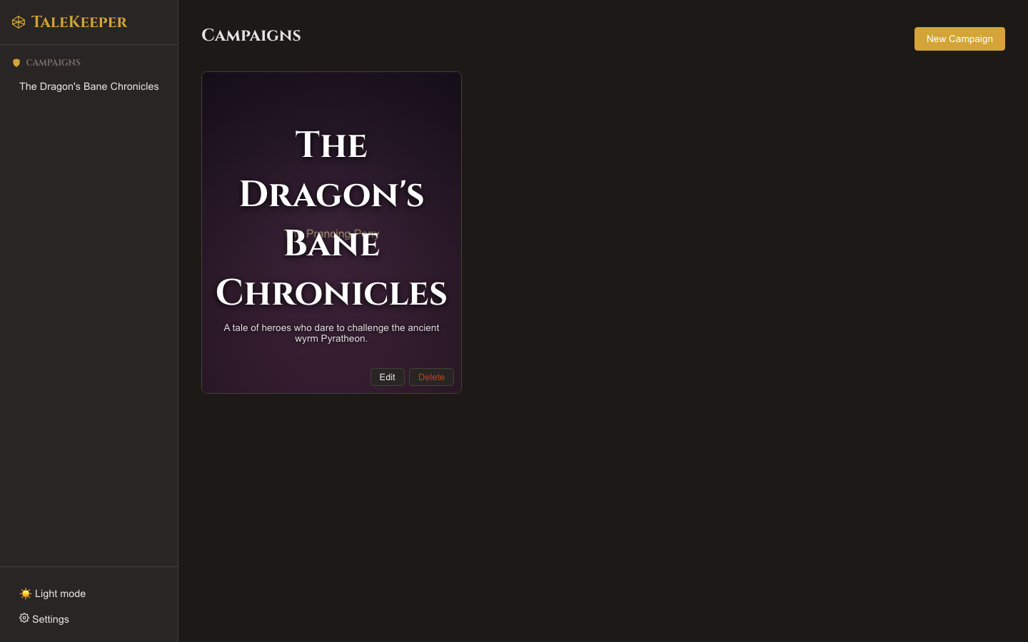 TaleKeeper home screen showing the Campaigns list with a campaign card, sidebar navigation, and New Campaign button