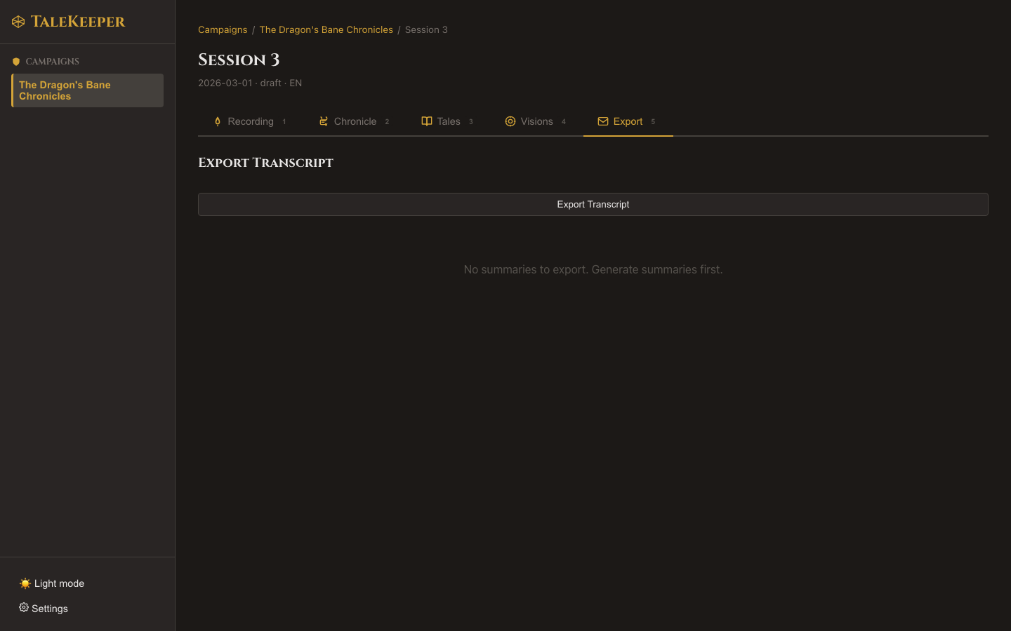 Recording tab on a draft session showing the Start Recording, Upload Audio buttons, and Audio Parts section