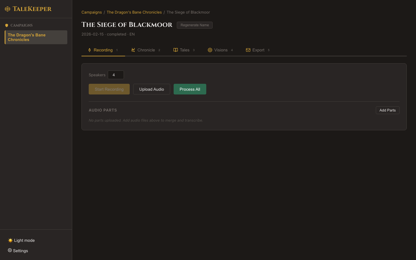 Recording tab showing the Start Recording button, Upload Audio button, and speaker count selector