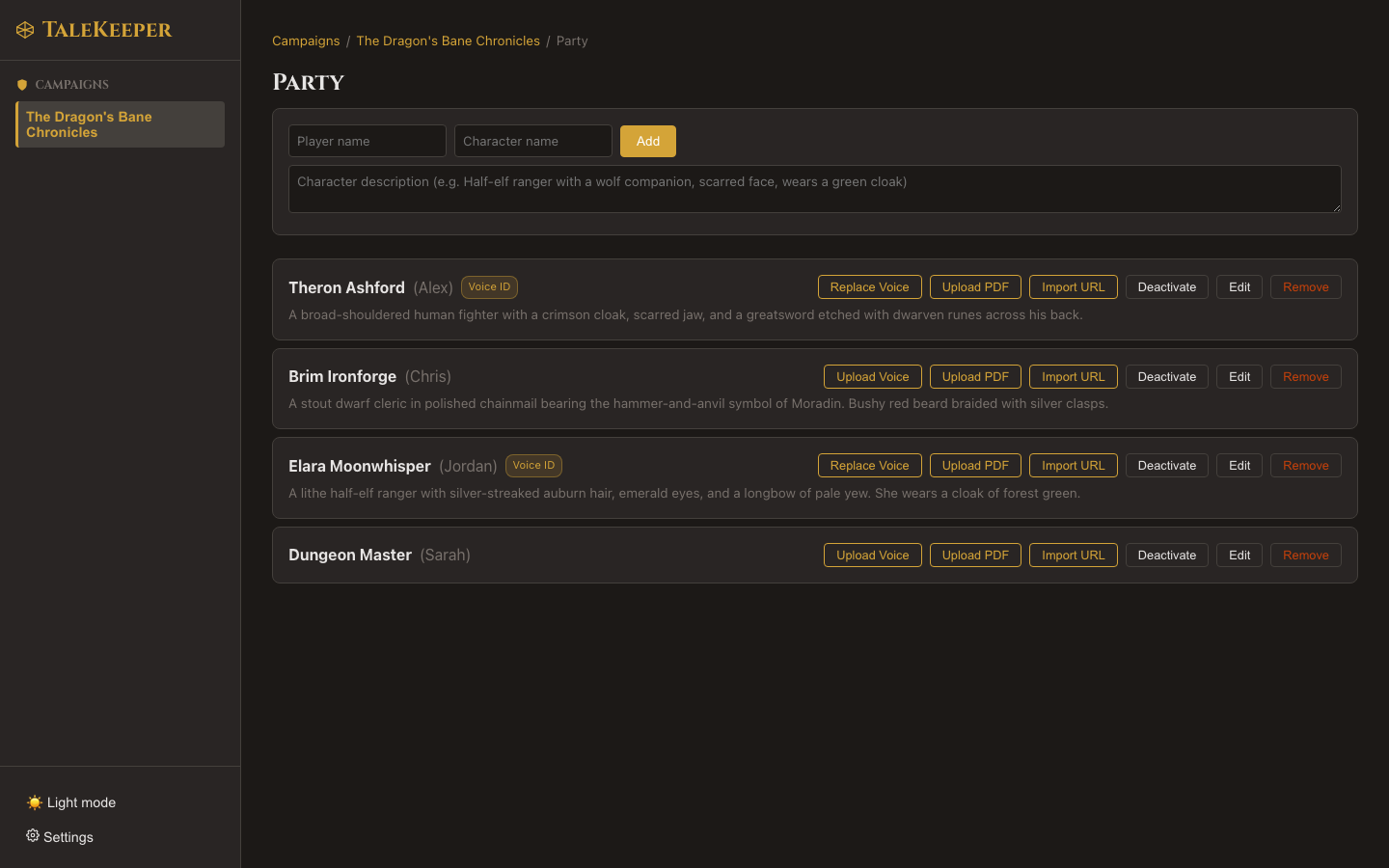 Roster page showing character entries with player names, character names, descriptions, Voice ID badges, and action buttons for Upload Voice, Upload PDF, Import URL, Deactivate, Edit, and Remove