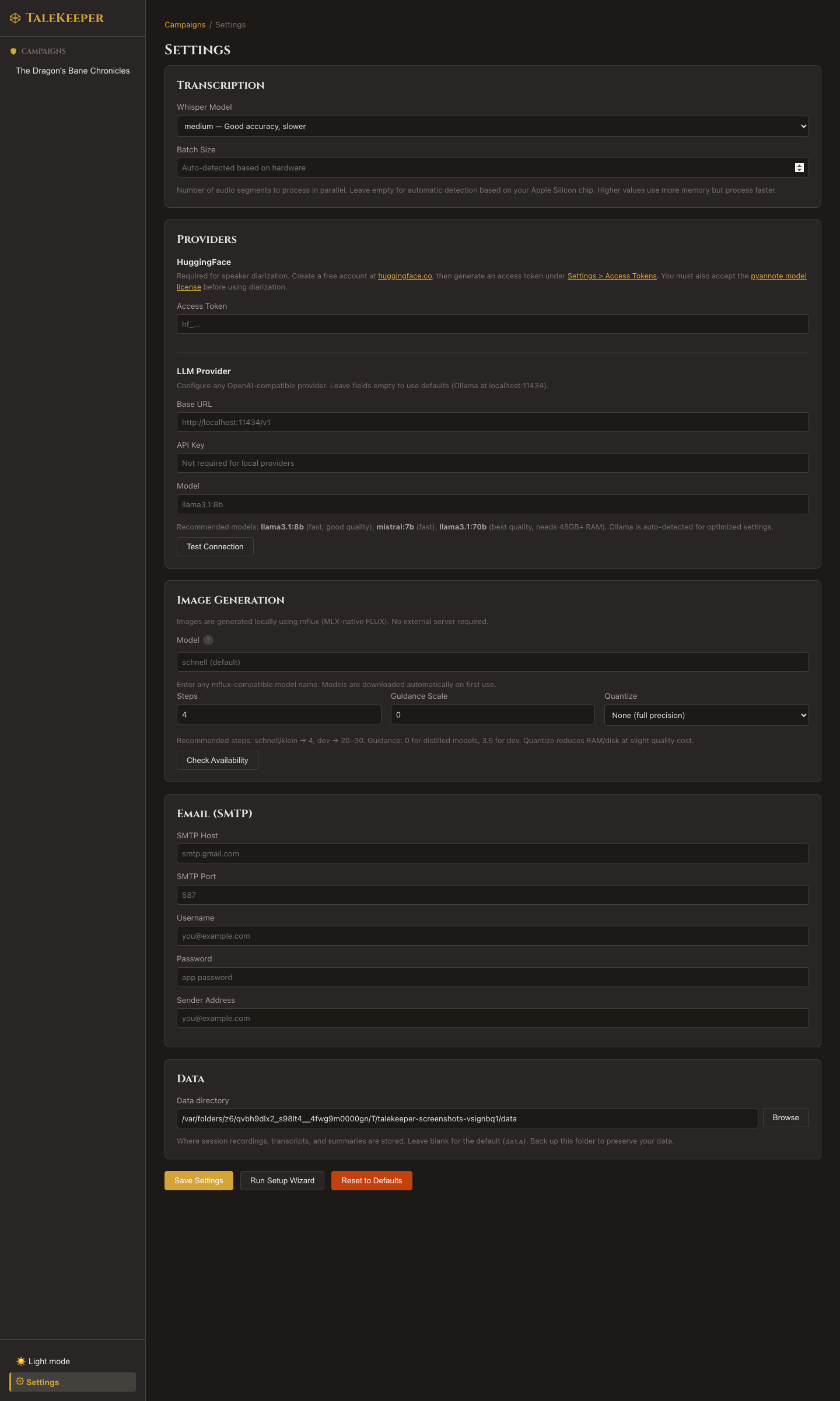 Settings page showing Transcription section with Whisper model selector and batch size, HuggingFace token field, LLM Provider section, Image Generation section, Email SMTP configuration, Data directory selector, Reset to Defaults, and Save Settings buttons