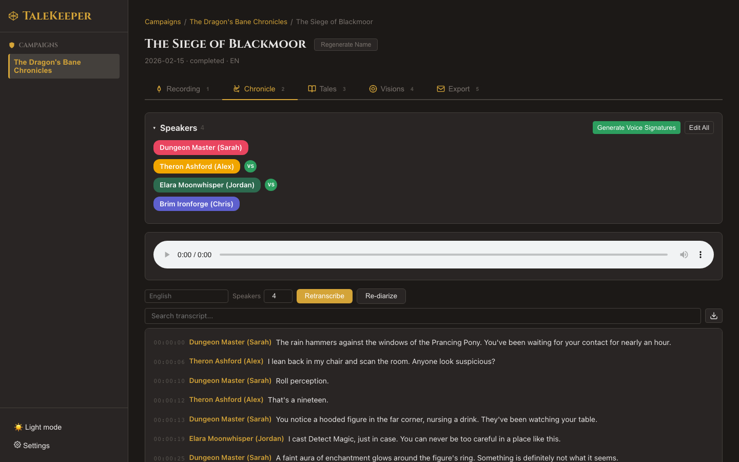 Chronicle tab showing the transcript with color-coded speaker labels, VS badges, timestamps, audio player, Edit All, Generate Voice Signatures, Retranscribe, and Re-diarize buttons