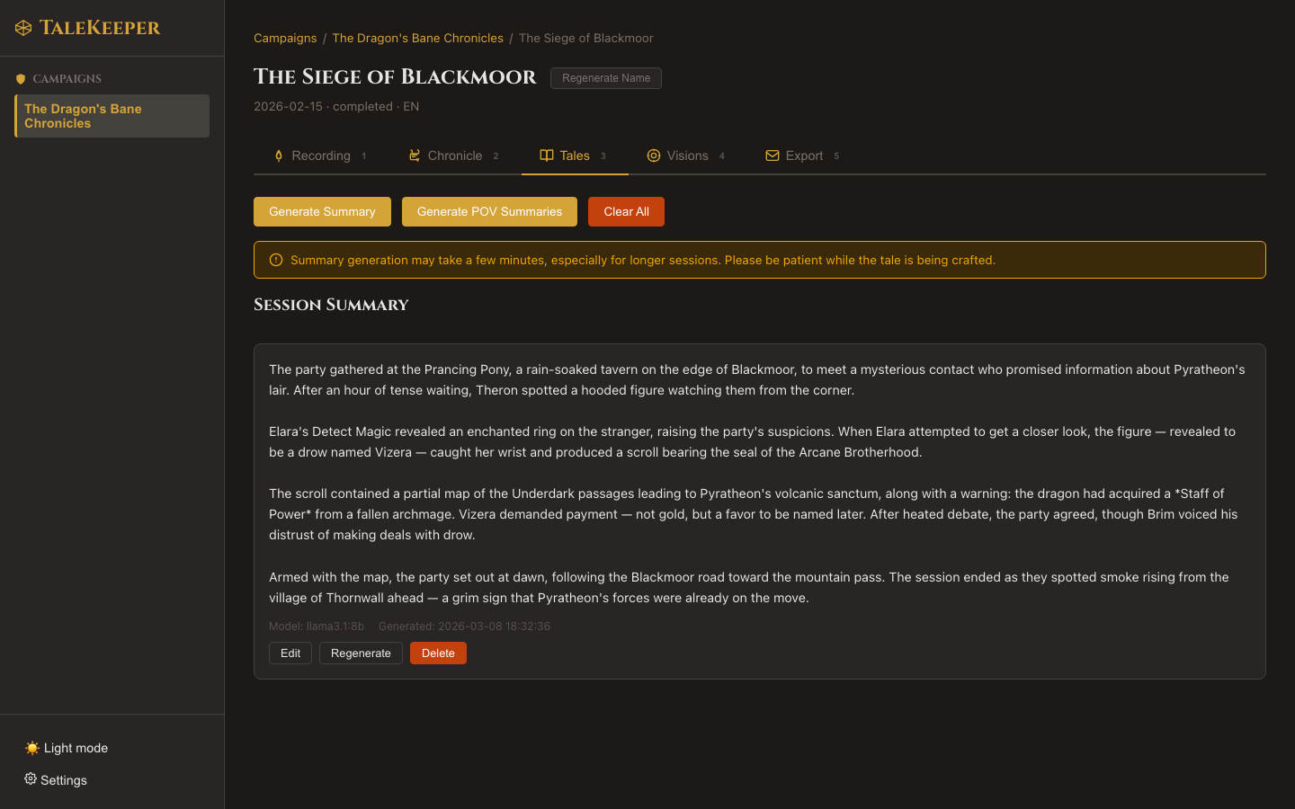 Tales tab showing a generated session summary with Generate Summary, Generate POV Summaries, and Clear All buttons, followed by the full narrative recap with Edit, Regenerate, and Delete options