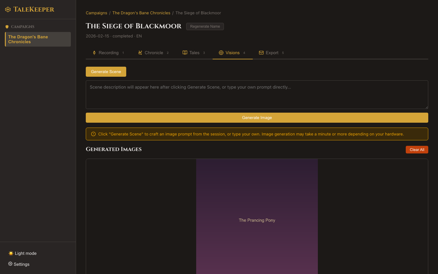 Visions tab showing the Generate Scene button, scene description text area, Generate Image button, and a gallery of generated images