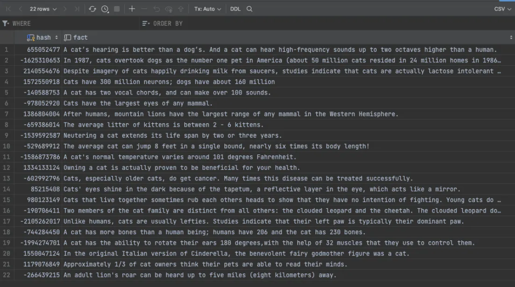 facts stored inside Postgres database